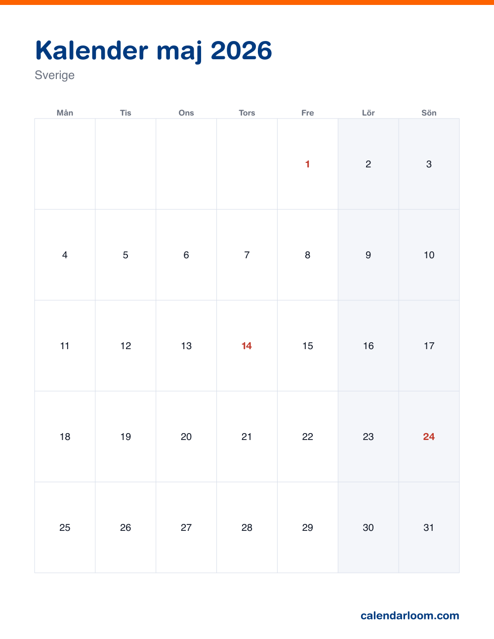Kalender maj 2026 att skriva ut med Sveriges röda dagar
