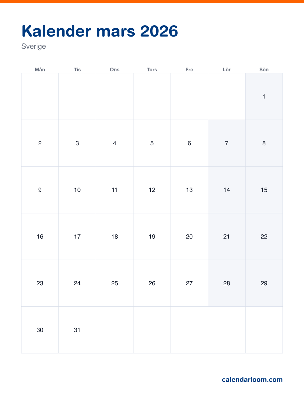 Kalender mars 2026 att skriva ut med Sveriges röda dagar
