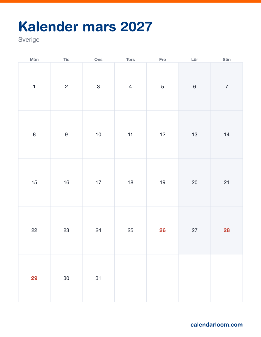 Kalender mars 2027 att skriva ut med Sveriges röda dagar