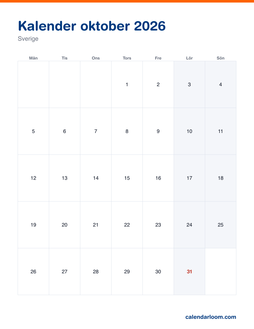 Kalender oktober 2026 att skriva ut med Sveriges röda dagar