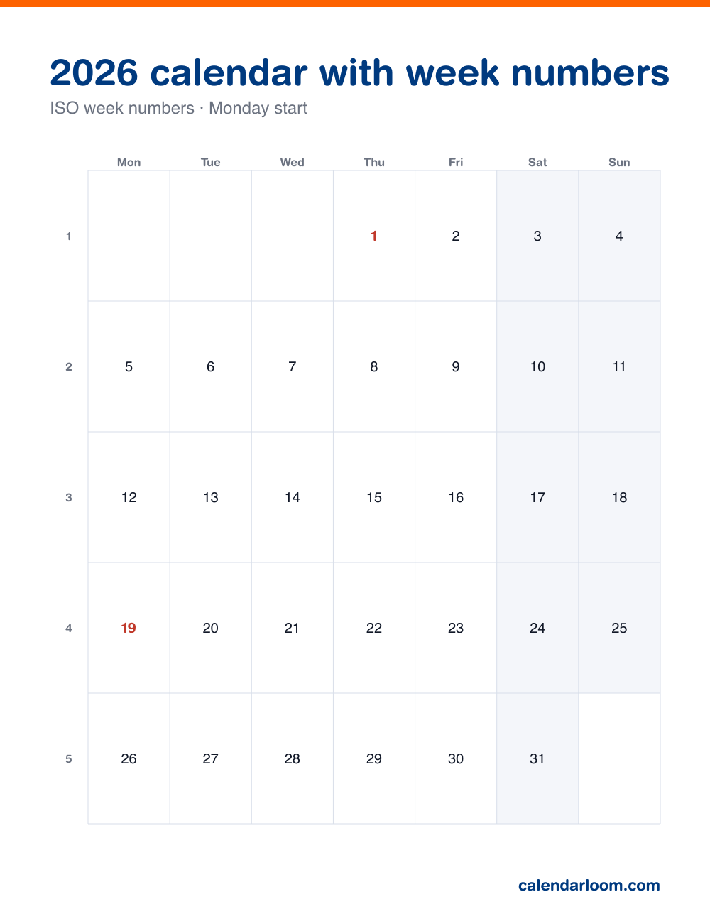 Printable 2026 calendar with ISO week numbers down the margin, Monday start